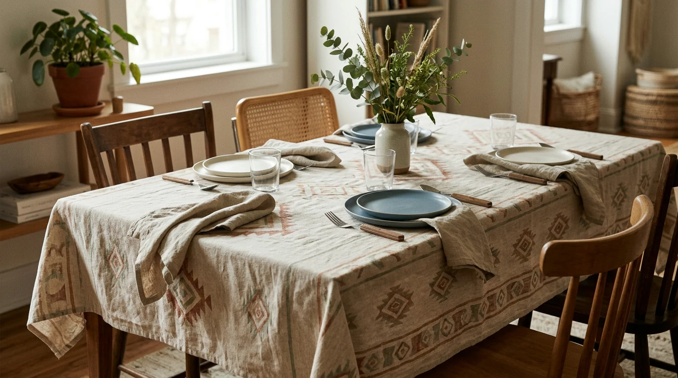 Boho Geometric Cotton-Linen Tablecloth for Dining & Coffee