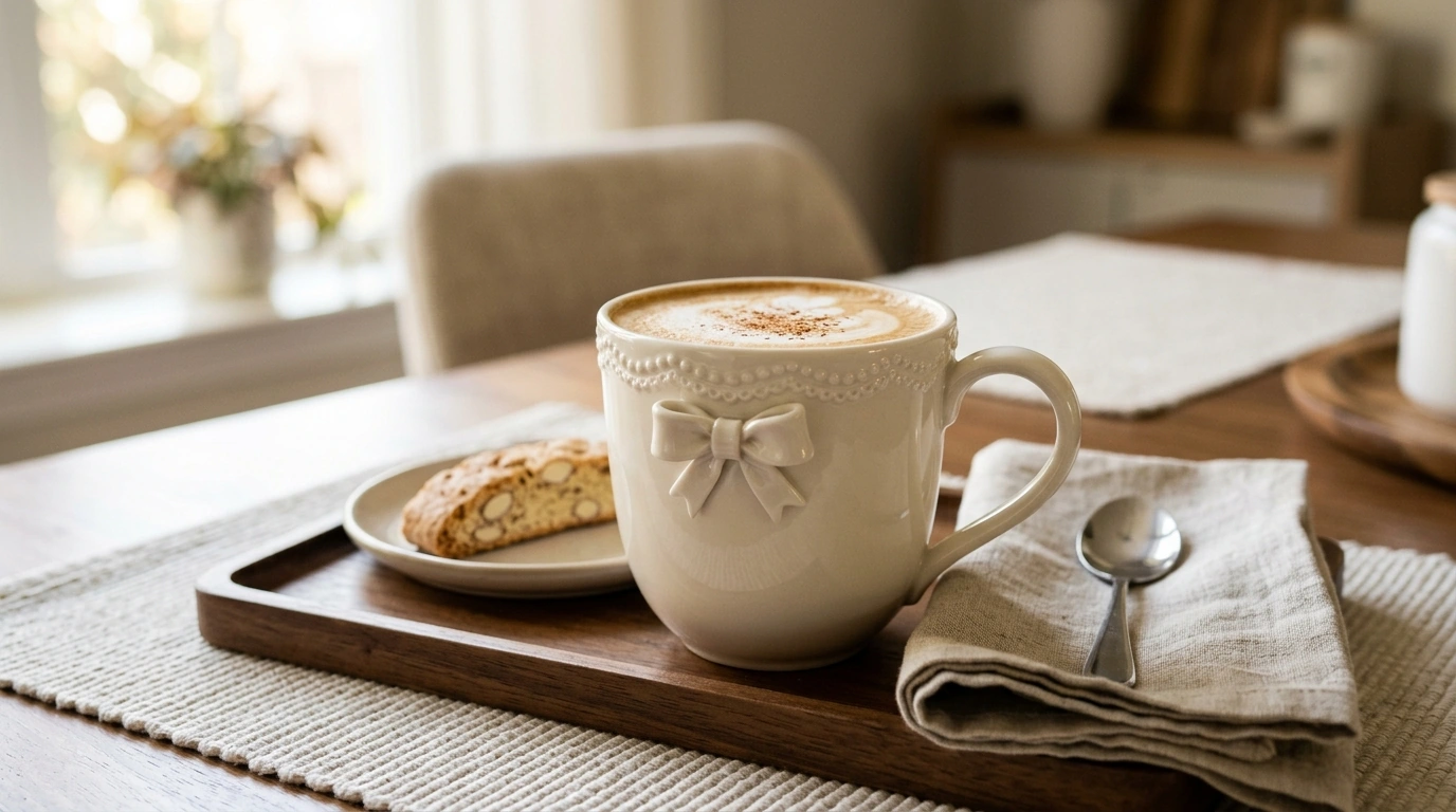 Bowknot Porcelain Mug with Beaded Lace Rim for Coffee