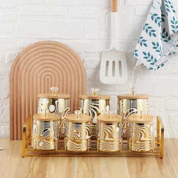 Ceramic Storage Jars with Wooden Lids & Rack Set