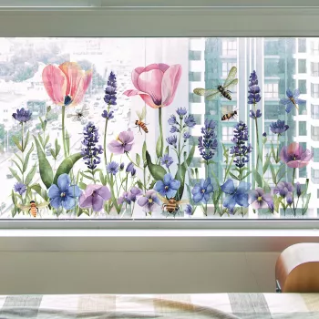 Pink Tulip & Honeybee Window Clings for Spring Glass Decor